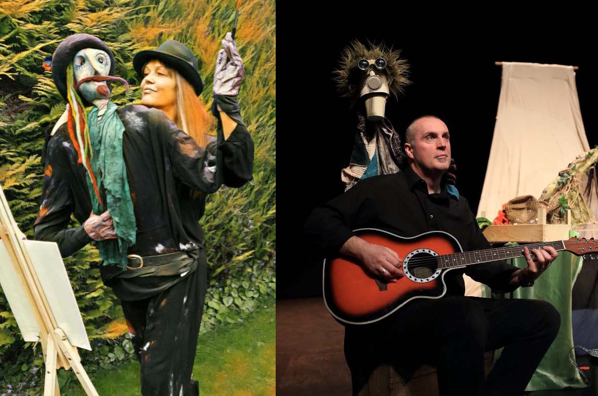 Karen Torley med figuren Paddy Picasso og Chris Harte som spiller gitar foran en figur :foto