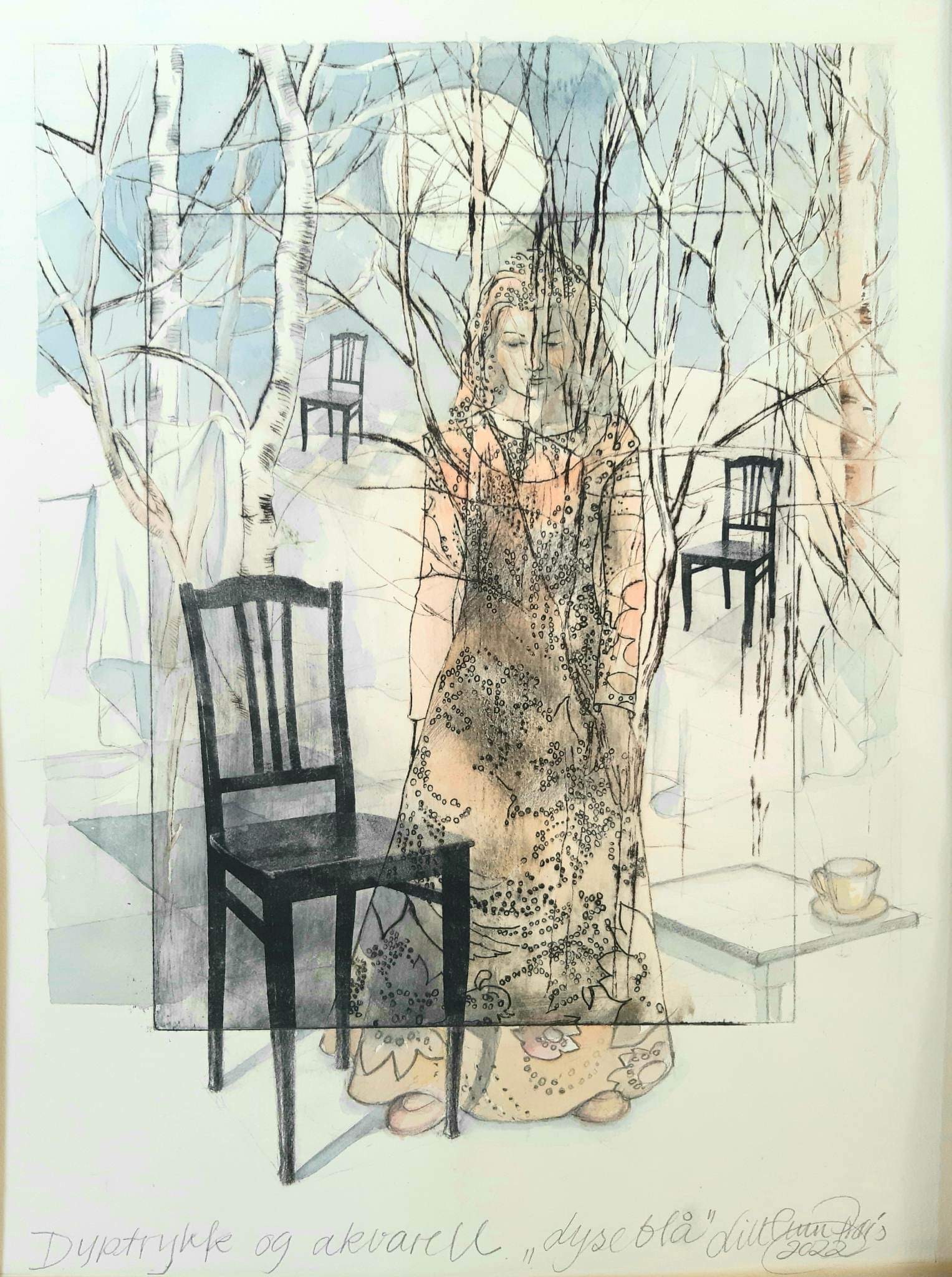 Dyptrykk og akvarell av stol med tre og en vag skikkelse :foto
