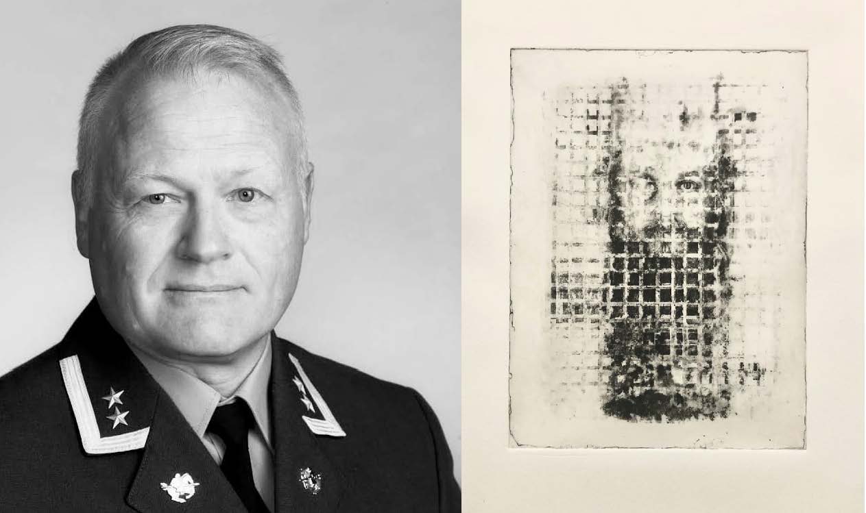 portrett av mann og kunstnerisk trykk av mann med skjegg